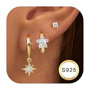 Dochais 3 Paar Ohrringe Gold Set Silber 925 Ohrstecker 14K Vergoldet | Creolen mit Anhänger Hypoallergen Ohrringe Stapelbar Ohrring Gold Schmuck Geschenk für Damen Frauen