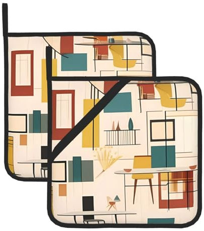 Set di presine quadrate moderne di metà secolo, resistenti al calore, impermeabili, per grigliare, cuocere al forno e microonde (confezione da 2 con tasca e gancio per appenderlo)