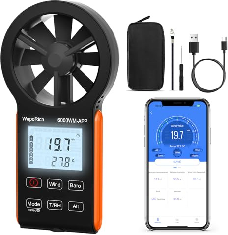 Bluetooth Anemometer, WapoRich 7-in-1 Windmesser Windmessgerät mit Luftdruck/Temperatur/Luftfeuchtigkeit/Taupunkt/Windchill/Höhenmesser App-kompatibel für HVAC, Drohnen, Segeln