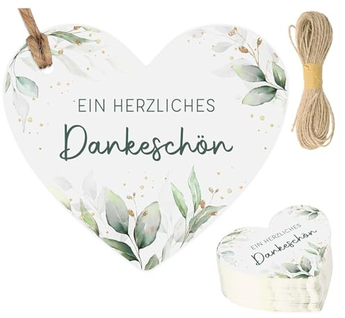100 Stück Danke Anhänger Herz Eukalyptus 5cm Geschenkanhänger Dankeschön Etiketten Tags mit Blattmustern Herz Papieranhänger Schnur für Hochzeit Baby Shower Geburtstag Kommunion Taufe