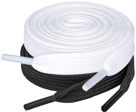 LBJFYHJN 2 Paires de Lacets Plats, 8mm de Largeur, Lacets Plats pour Chaussures de Randonnée, Sneakers, Chaussures de Sport, Chaussures de Basket (Blanc, Noir)