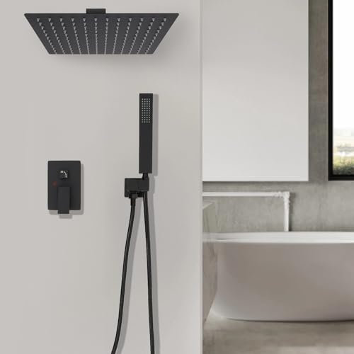 Système de douche à effet pluie avec robinet encastré carré en acier inoxydable avec pommeau de douche et douchette à main, pour salles de bains, gymnases, bains