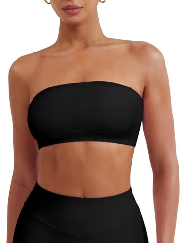 YEOREO Strapless Bandeau Sports Bra for Workout Seamless Tube Top Gym Padded Wireless Bra Black M