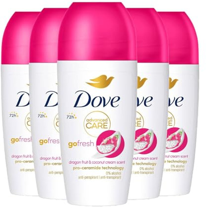 Dove Advanced Care Go Fresh Anti-Perspirant Roll On Dragon Fruit & Coconut Cream Women's Deodorant, Pack of 5, 72 Hours Sweat Protection Pro-Ceramide Technology, 50ml