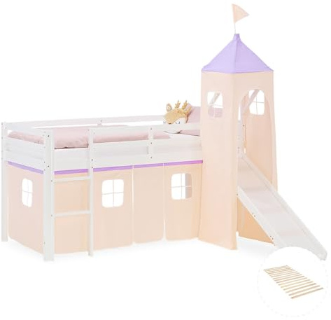 Homestyle4u Hochbett 90x200 mit Rutsche, Massivholz Kinderbett Weiß