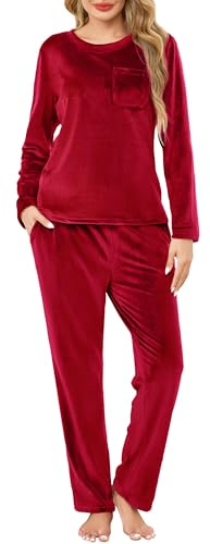 Lovasy Pigiama Donna in Pile Morbido Set Pigiama Invernale Caldo e Soffice | Scollo Rotondo Pigiami Due Pezzi Maniche Lunghe con Tasche