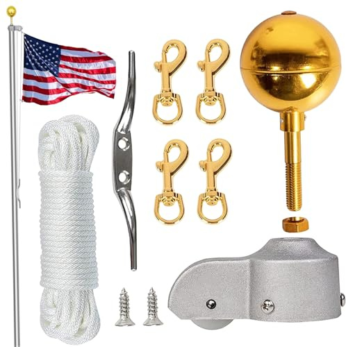 Muzrunq Flag Pole Rope Kit, Flag Pole Parts Including 3 Topper Gold Ball, 50ft Halyard Rope, 4 Swivel Snap Clips Outdoor Porch Flagpoles Repair Replacement