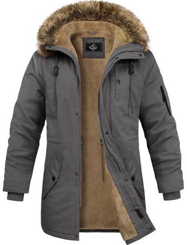Lonya Abrigo Hombre Invierno Chaquetas de Algodón Forro Polar Cálido Parka Gruesa Cuello De Piel Desmontable Prueba de Viento Cazadora con Capucha Integrada Bolsillos Múltiples, Gris Oscuro, M