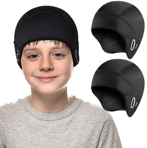 EDLMKM 2 Packs Kids Winter Skull Cap, Winter Skull Cap Beanie, Windproof Thermal Cycling Hat with Glasses Hole, for Outdoor Sports Running Skiing Riding Skating, Black, One Size