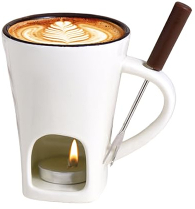 Fizepgo Ceramic Heat Resistant Personal Fondue Mug - with Fork & Tealight | Home Holiday Dessert