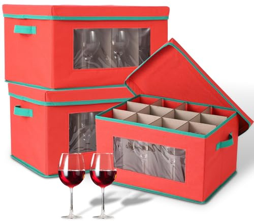 GarveeMore 3 Pack Wine Glass Storage Box with Lid, 16.5X13X10 Foldable Packing Boxes for Moving Crystal Glassware with 12 Compartments Clear Window Panel Glassware Holder, Red