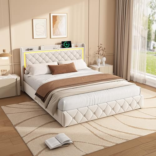 MIOOSUT Dubbelsäng 140 x 190 cm med LED, vadderad säng med 4 lådor, vadderad säng med förvaringsutrymme, med USB-laddningsfunktion, utan madrass (beige-D, 140 x 190)