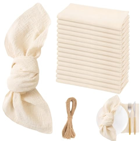 15 Stück Stoffservietten Beige 42x42cm Stoffservietten Baumwolle mit 1mmx5m Schnur, Servietten Stoff, leinenservietten Beige Waschbar, für Familienfeiern, Hochzeiten, Abendessen