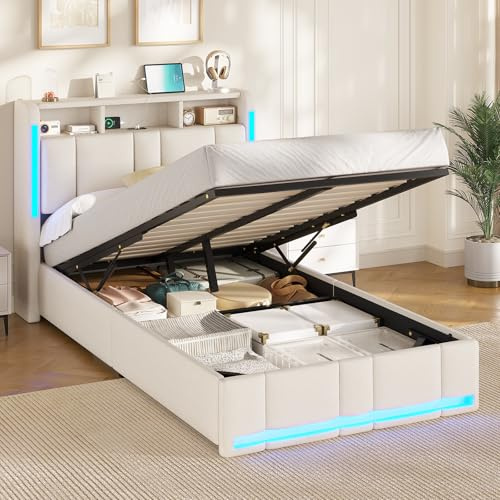 AOGLLATI Polsterbett 90×200 mit Steckdosen & LED Beleuchtung, Doppelbett mit Stauraum Kopfteil & Hydraulischem Stauraum, Bettgestell mit Lattenrost, Jugendbett 90×200, Linen, Ohne Matratze, Beige