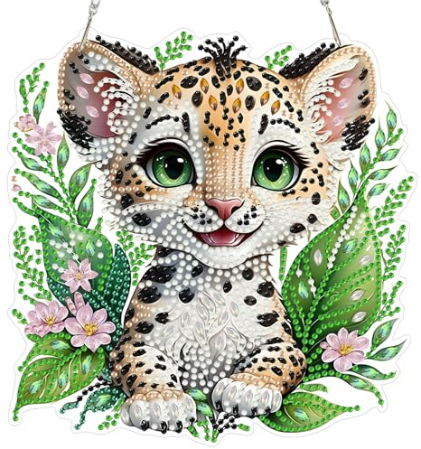 DAERLE Baby Leopard Diamond Painting Anhänger, Diamant Painting Fensterbilder Erwachsene, Kinder Hängende Ornament Kreatives Basteln Fenster Garten, Süßer Gepard