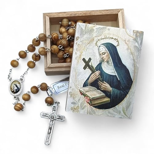 OVUNQUE PROTEGGIMI Rosario in Legno di Pino con Portarosario Decorato, Croce in Metallo, Grani Marrone, 54 cm, Immagini Sacre San Michele Arcangelo, Santa Rita, Gesù Misericordioso (Santa Rita)