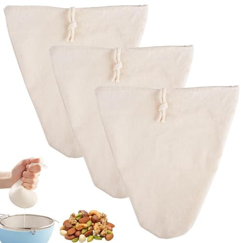 Pack of 3 Cheese Cloths for Straining, 30 x 30 cm Muslin Cloths for Cooking | Washable Natural Cotton and Linen Cheese Cloth, Reusable with Drawstring Nut Milk Bag, Soy Milk, Vegetable