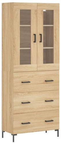 Yamxder Highboard Sonoma-Eiche 69,5x34x180 cm, Sideboard mit Glasvitrine und Metallbeinen, Eleganter Vitrinenschrank aus Holzwerkstoff, Mehrzweckschrank für Wohn- und Esszimmer
