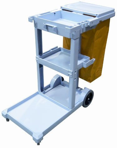Carro de limpieza profesional gris con 3 bandejas, tapa y bolsa con cremallera