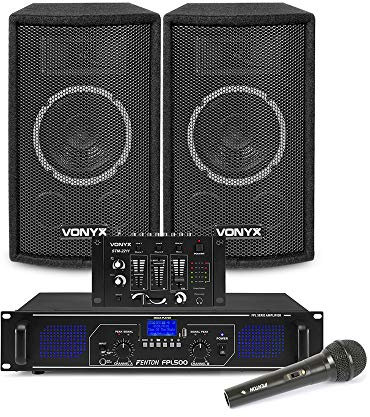 VONYX SL6 Complete DJ PA System with 6 Passive Speakers, FPL500 Bluetooth Amplifier, 4-Channel Mixer & Wired Microphone - Home Party & Karaoke Setup, 500W