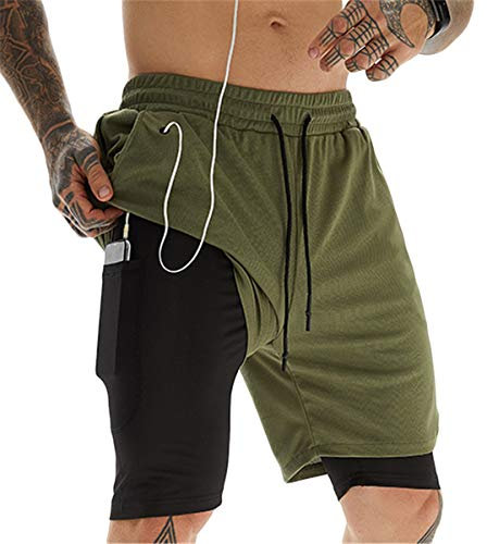 ASKSA Herren Sport Shorts 2 in 1 Running oder Gym Schnell Trocknend Atmungsaktiv Training Shorts Jogger Hose mit Eingebauter Tasche (M,Army Grün)