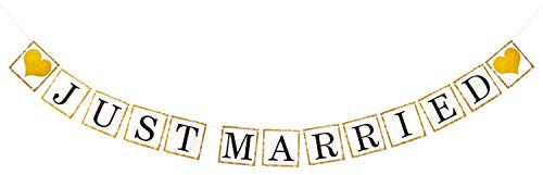 Oblique Unique® Just Married Girlande Banner mit goldenen Herzen Hänge Deko für Hochzeit Dekoration Hochzeitsdeko in Weiß und Gold