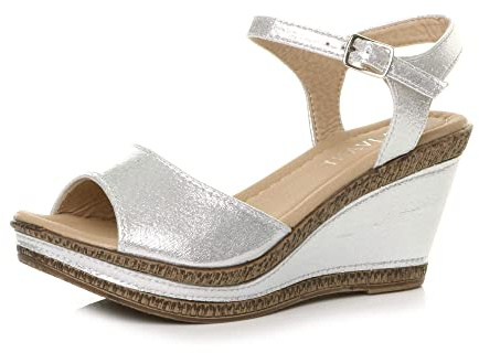 AJVANI Kvinnor damer hög kilklack plattformsspänne sommar peeptoe sandaler storlek, Silverskimmer, 38 EU