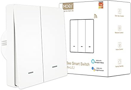 MOES ZigBee Smart Wall Light Switch No Neutral Wire Required, No Capacitor Needed, Smart Life Tuya Remote Control, Works with Alexa, Google Home, Tuya ZigBee Hub Required, 2 Gang, White