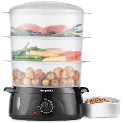 Emperial Food Steamer 3 Tier, 9L Electric Vegetable Steamer with 3 BPA Free Removable Baskets & Rice Bowl, 60 Minute Timer & 800W, Boil Dry Protection, Energy Saving - Black