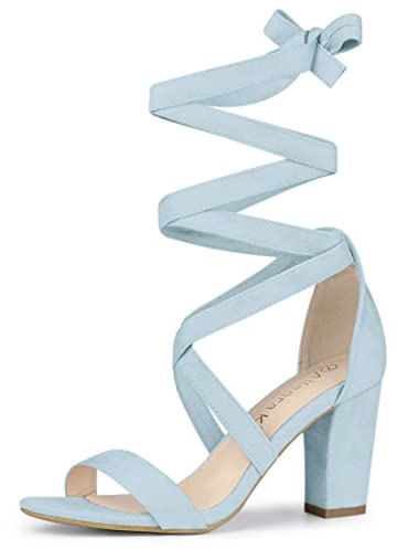 Allegra K Women's Crisscross Lace Up Mid Block Heels Sandals Sky Blue 6.5