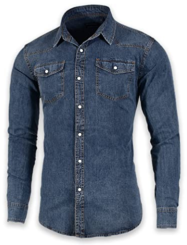 SEVEN EAGLE Camicia Denim da Uomo a Maniche Lunghe con Doppia Tasca con Bottoni Automatici (XL, Navy Vintage)