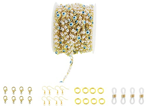 PAMIR TONG Handmade Turkish Evil Eye Beaded Link Chain with Golden Plated Brass Findings for Bracelet Necklace Glass Mask Decoration Shoes Clothes Jewelry Making (CC56)