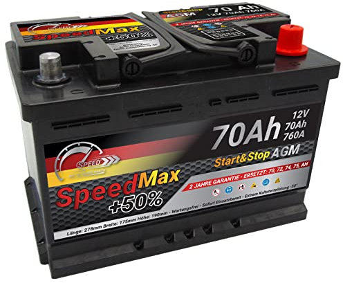 SMC Autobatterie Speed Max 70Ah Agm Start&Stop 12V 760A Starterbatterie für Autos mit hohem Energiebedarf Start-Stop ersetzt 65 70 Ah 75 80ah überlegene Leistung