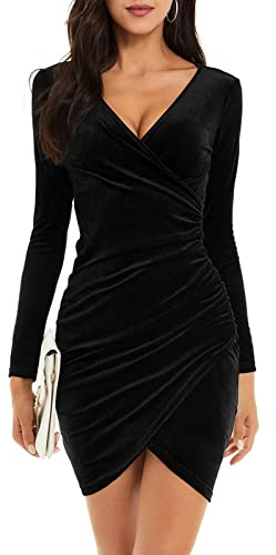 Niwicee Robe Velours Femme Hiver Soirée Élégante Col V Manches Longues Cache Coeur Robes Sexy Plissée Moulante Fête Noël Nouvel an Robe Cocktail Mariage