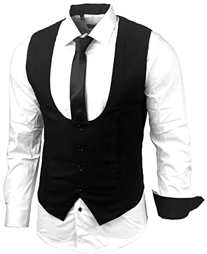 Baxboy Herren Hemd Weste Krawatte Set Business Anzugweste Westen Slim Fit Smoking Frack Business Herrenanzug-Set Sakko B-101, Farbe:Weiss/Schwarz, Größe:XL