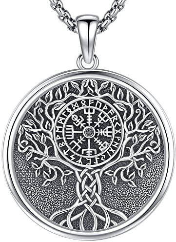 Aniu Baum des Lebens Kette Herren Sterling Silber 925 Lebensbaum Wikinger Anhänger Baum des Lebens Halskette mit Vegvisir Nordisches Amulett Wikinger Schmuck für Männer Herren