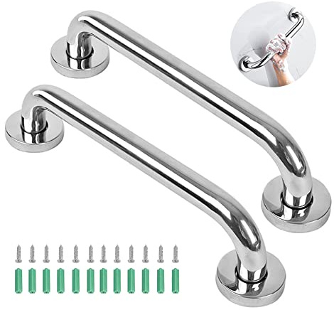 2 Pack Anti-Slip Shower Grab Rails for Bathroom, Chrome Stainless Steel Hand Rail - Safety Disability Aid & Equipment Bath Handles, Bathroom Grab Rail for Toilet, Stairs (16 Inch, Silver)
