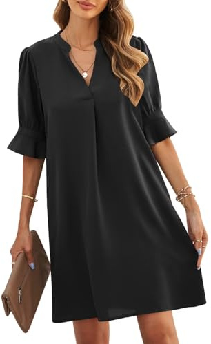 ANFTFH Dam V-ringad halvärm skjortklänning elegant sommar casual enfärgad kort klänning midiklänning fritidsklänningar mode klänning, 1-Svart, XL
