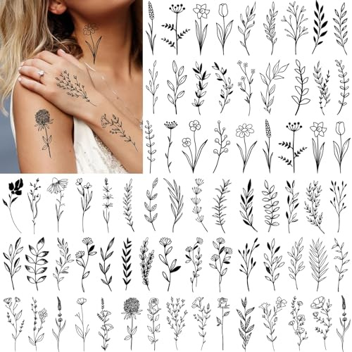 120 Stile Schwarze winzige Zweig-Blumen-Temporäre Tattoos für Frauen und Mädchen, Kleine realistische falsche Blumen Temporäre Tattoos für Erwachsene auf Körper, Hände, Arme (30 Blätter)