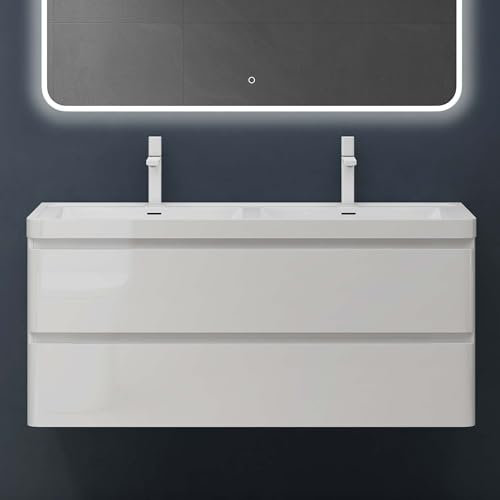 Sogood Meuble de Salle de Bain Suspendu Blanc 120x48x55cm Ensemble de 2 Pièces Meuble avec Lavabo Design Lucca