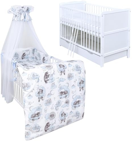 Generisch Baby Delux Babybett Komplett Set Jack Kinderbett umbaubar zum Juniorbett 140x70 weiß Schublade Matratze Bettset mehrteilig (Teddy und Freunde blau)