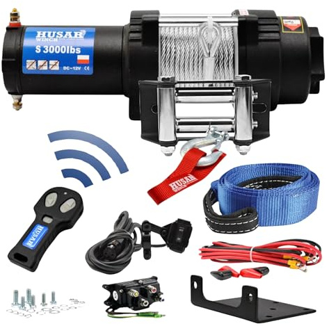 Husar Winch Elektrische Seilwinde 12V, 3000 lbs | 1360 kg, Stahlseil 12 m, 3-stufiges Planetengetriebe, Funkfernbedienung, automatische Bremse, Montagesatz – ideal für ATV/UTV + KOSTENLOSER BERGEGURT