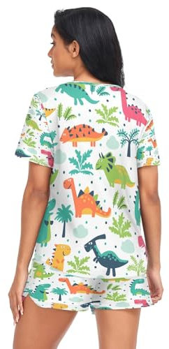 HMZXZ Damen Schlafanzug-Set Tropisch Dinosaurier Palme Baum Sommer Pyjama Woman Set,Tier Dino Loungewear und Shorts Lounge Set Sleepwear Nachtwäsche