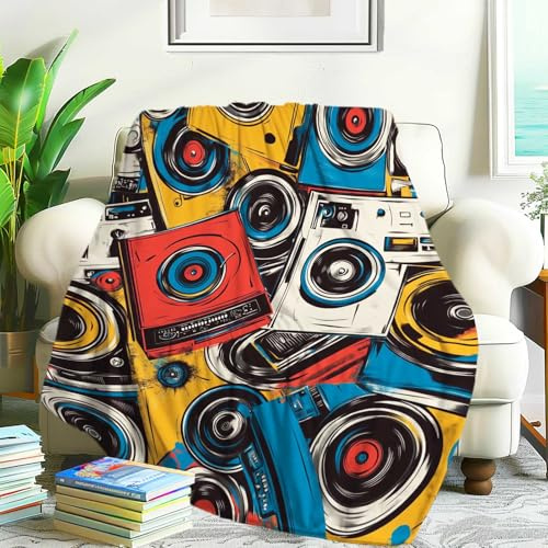KozaHopa Hip-hop Theme Blanket Throw, Vinyl Records, Cassette Tapes, Boomboxes Pattern Gift for Tent Picnic Beach Travel, Fade Resistant, Soft Lightweight Flannel (80x60)
