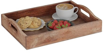 Relaxdays Tablett, Mangoholz, HBT 8 x 40 x 30 cm, Serviertablett mit Griffen, hoher Rand, rechteckig, Dekotablett, braun