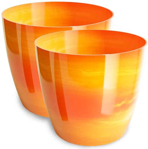 PECZEKO Maceta brillante, maceta de plástico, maceta decorativa para plantas grandes y pequeñas, juego de 2 macetas, macetero para hierbas, (2 unidades), color naranja, diámetro de 14 cm