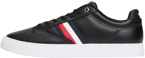 Tommy Hilfiger Uomo Sneakers con Suola Preformata Icon Court Stripes in Pelle, Nero (Black), 44