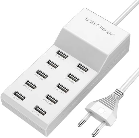 LEKEFET Chargeur USB multiple, 50 W, station de charge, 10 ports, port unique 5 V/2,4 A/1 A, bloc d'alimentation USB, station de charge, pour iPhone, iPad, Samsung Galaxy Pixel, Huawei - Blanc