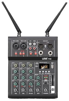 LEPREM F4X 4 Channel Sound Mixer With Dual UHF Wireless Microphone DJ Console Mixing for Party PC Studio Recording