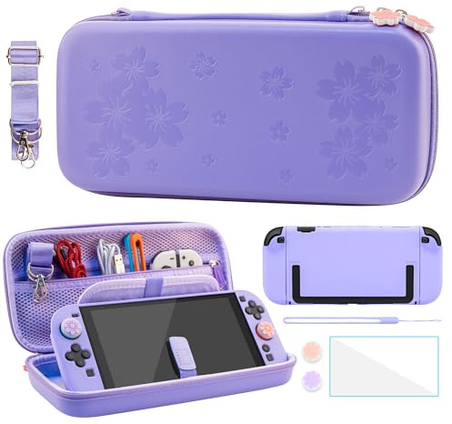 FANPL Case Bundle for Nintendo Switch 2 Accessories, Carrying Cover for Switch 2 and JoyCon Controller with Hard Protective Skin and Screen Protector, 4 Thumb Grips, Shoulder Strap (Sakura Purple)